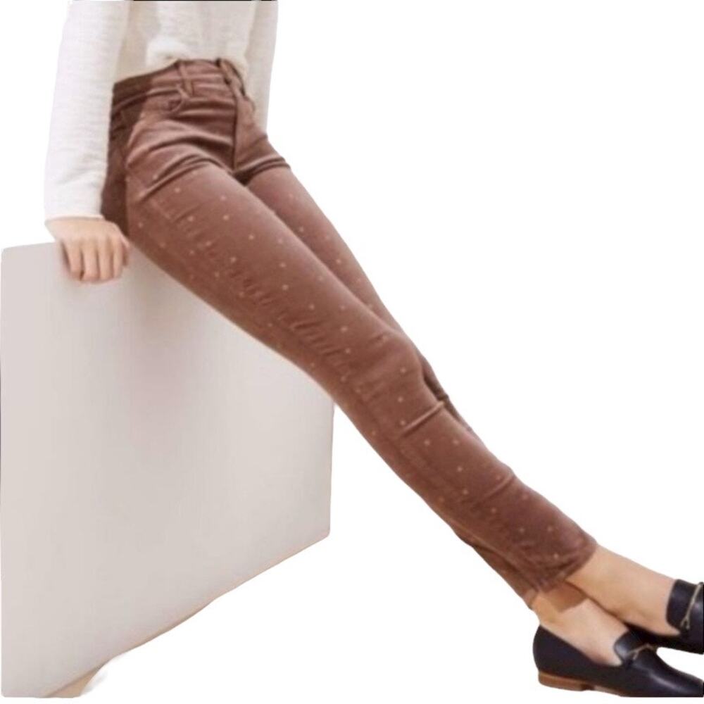 🔥 NWT LOFT Polka Dot Velvet Skinny Jeans Pants Size 25 Brown and Metallic Gold